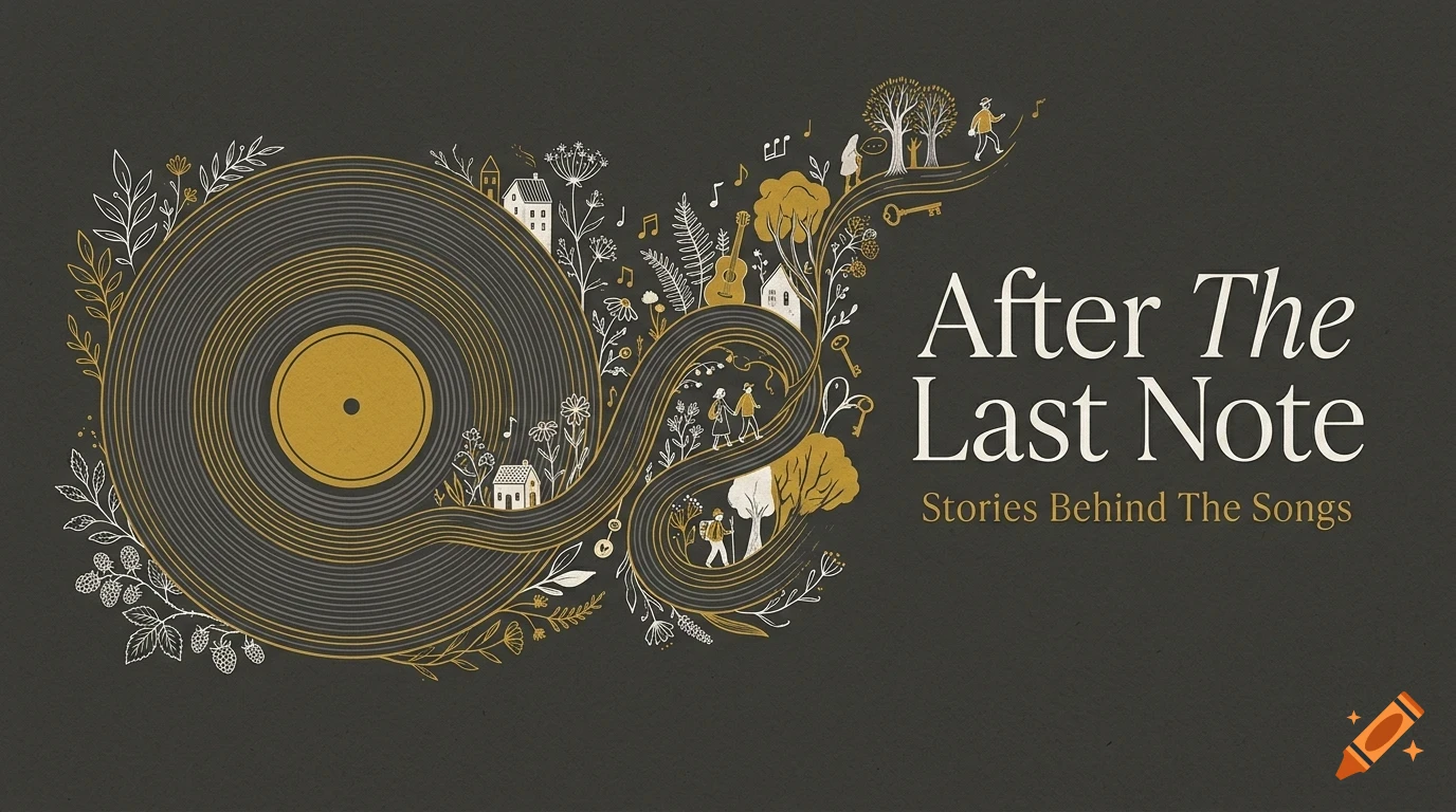 An illustration of a vinyl record transitioning into a winding path with tiny houses, trees, people, and musical notes, alongside the text After The Last Note Stories Behind The Songs.