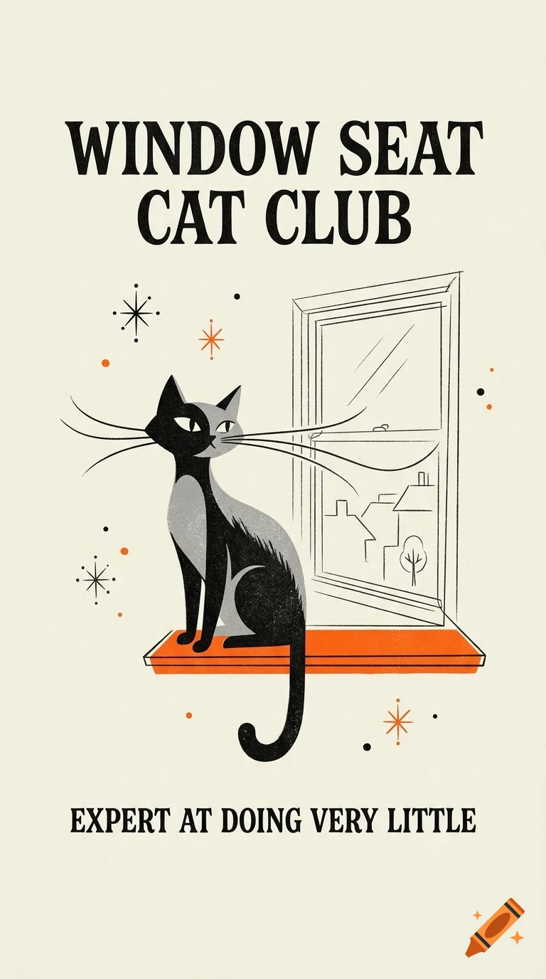 Mid-century retro style illustration of a black and grey cat sitting on a windowsill, with text reading Window Seat Cat Club and Expert at doing very little.