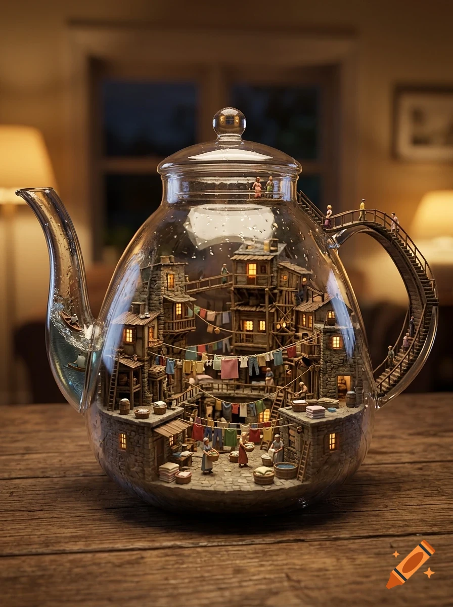 A miniature village with buildings, laundry lines, and tiny people built inside a large glass teapot sitting on a wooden table.