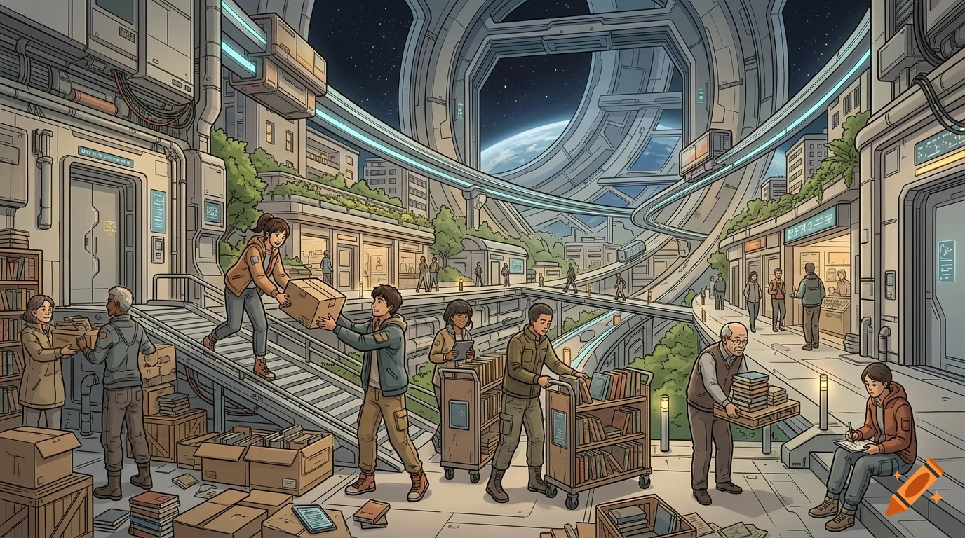 An illustrated scene of people sorting and moving books and boxes in a futuristic sci-fi city with large structural rings and a planet visible in the background.