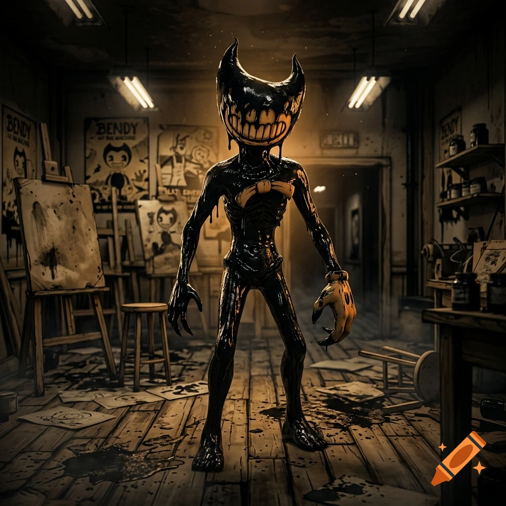 3D render of the ink demon from Bendy and the Ink Machine standing in a creepy abandoned art studio.