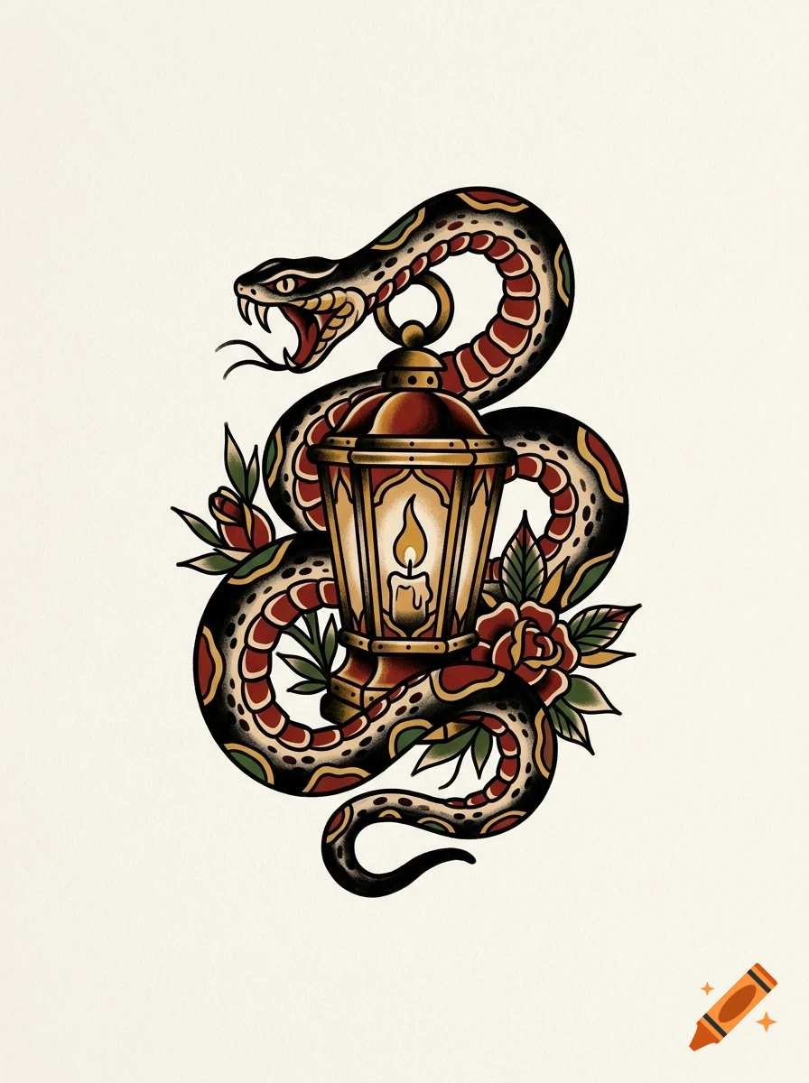 An illustrated traditional tattoo flash of a coiled snake wrapping around a lit candle lantern with red roses and green leaves.