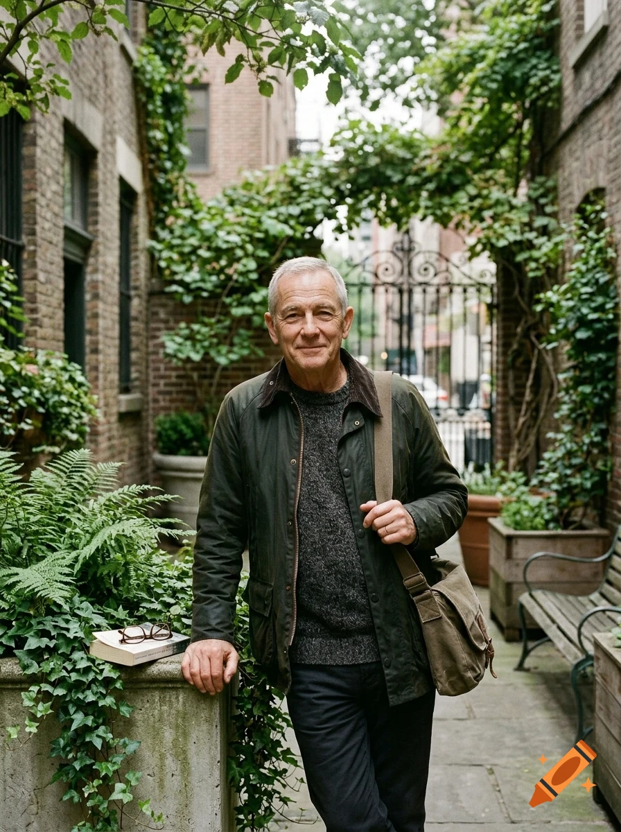 An older man standing in an alleyway or courtyard surrounded by plants and brick buildings.