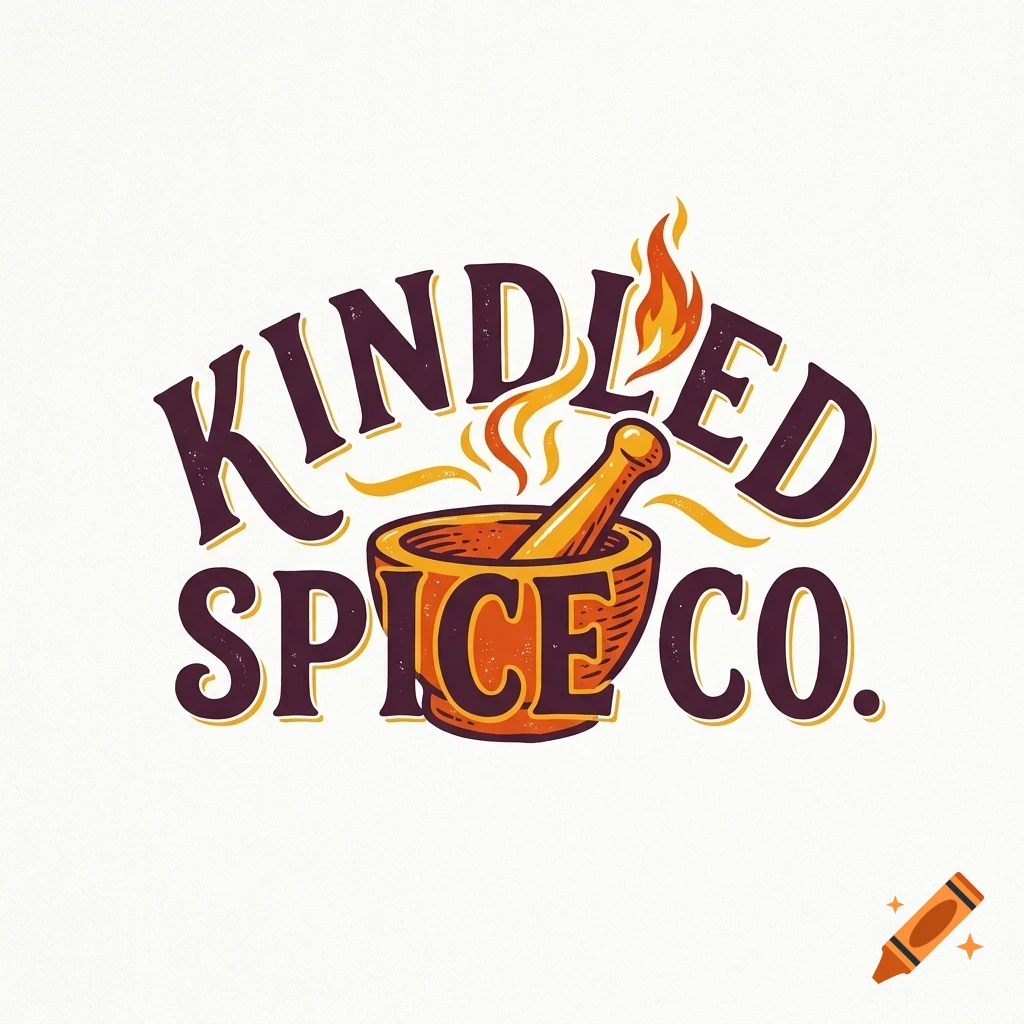 Logo featuring a mortar and pestle with flames rising from it, surrounded by the text 'KINDLED SPICE CO.' against a white background.