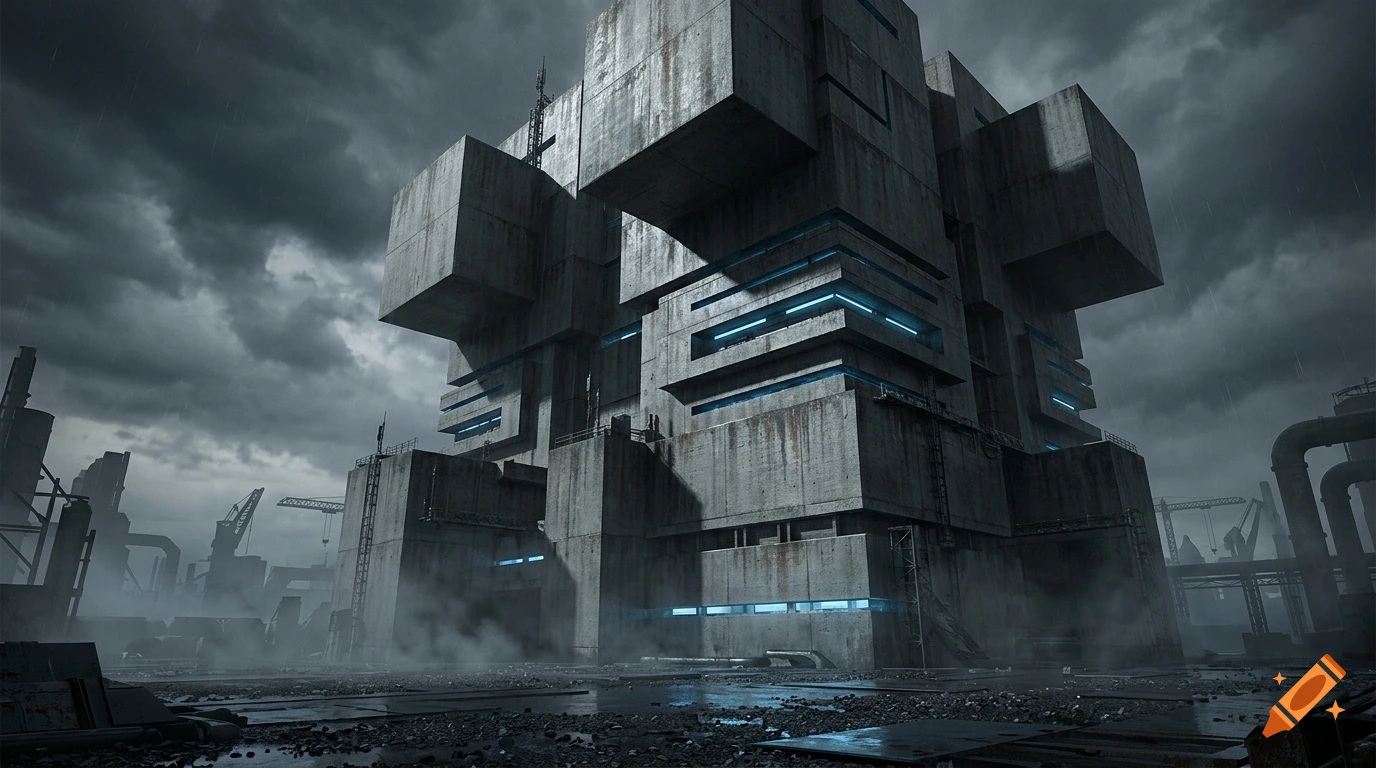 Cinematic architectural visualization of a massive brutalist sci-fi fortress monolith with interlocking raw concrete blocks and blue glowing slots under an overcast sky.