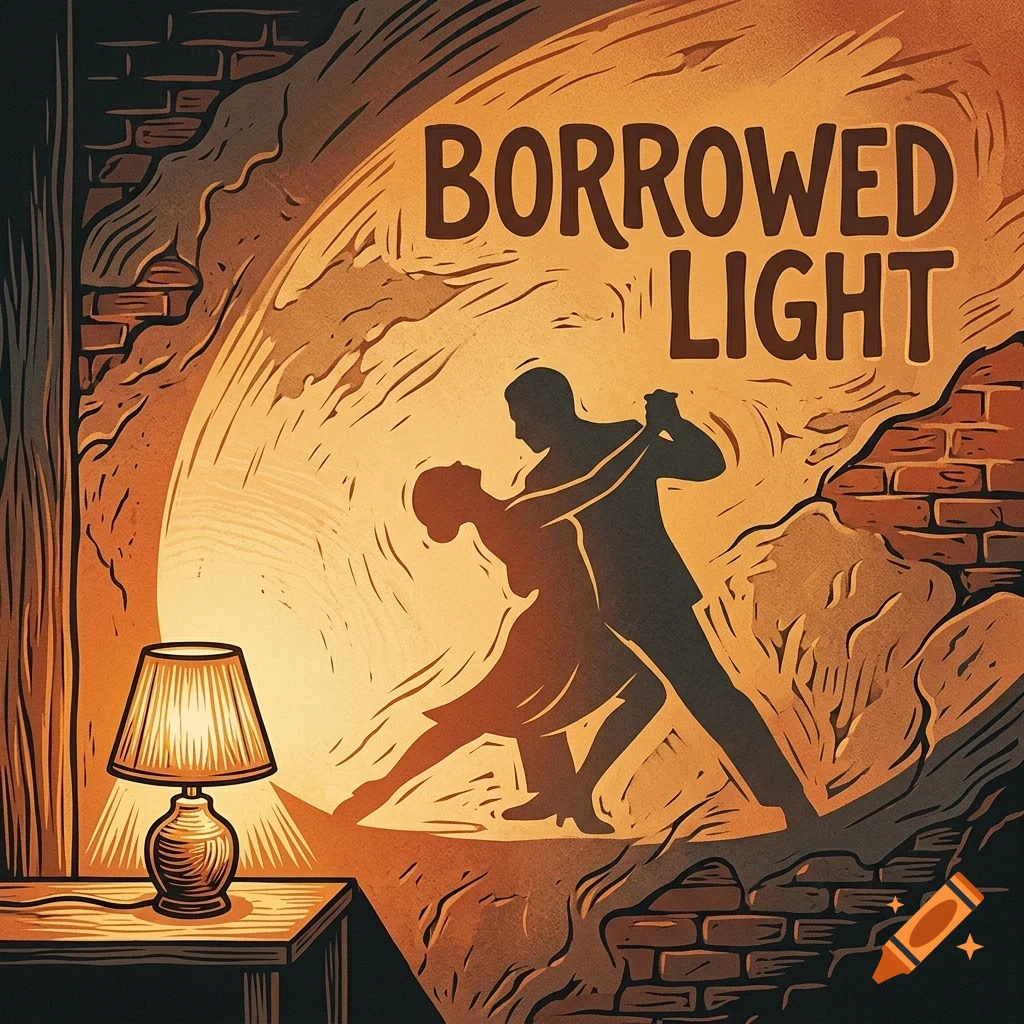 An illustration of a lamp on a table casting a shadow of two people dancing against a textured wall, with the text 'BORROWED LIGHT'.