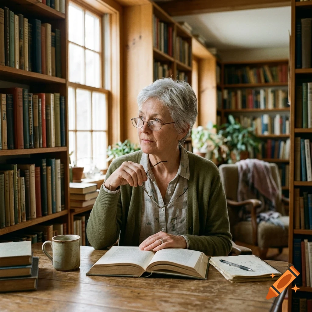 An older woman with short grey hair and glasses sits at a wooden table in a library, holding glasses and looking thoughtfully near an open book and a mug.