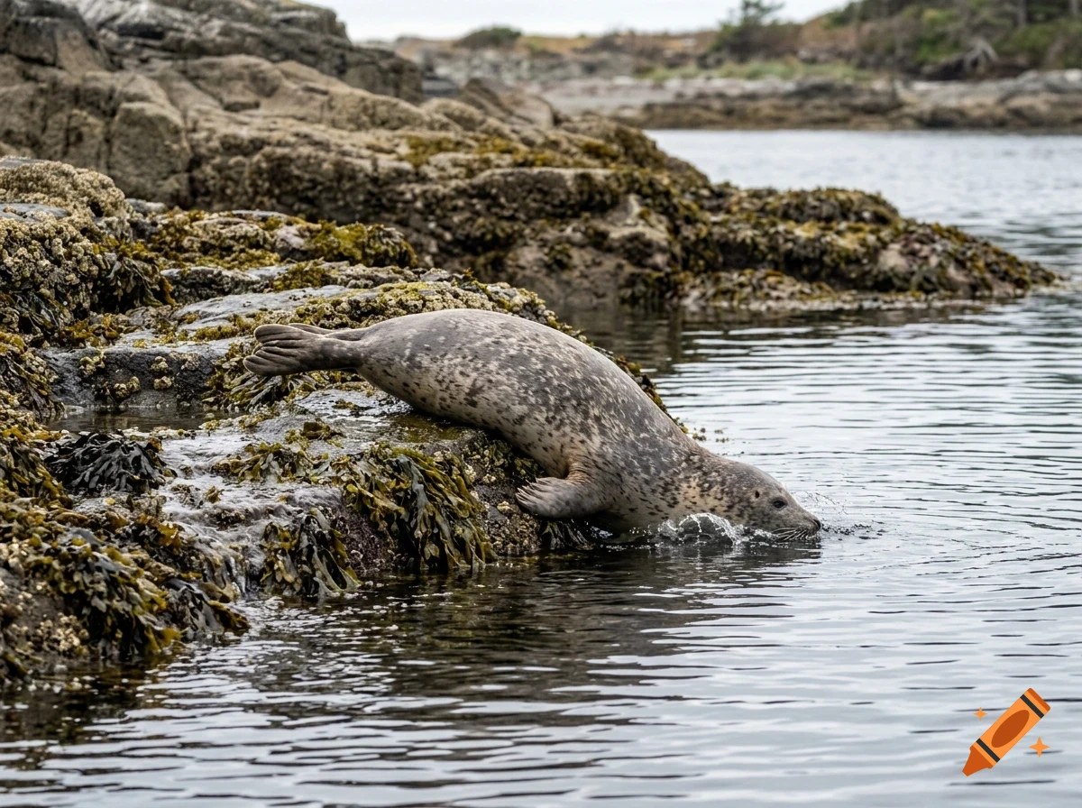 A seal slides from a rocky, seaweed-covered shore into the water.
