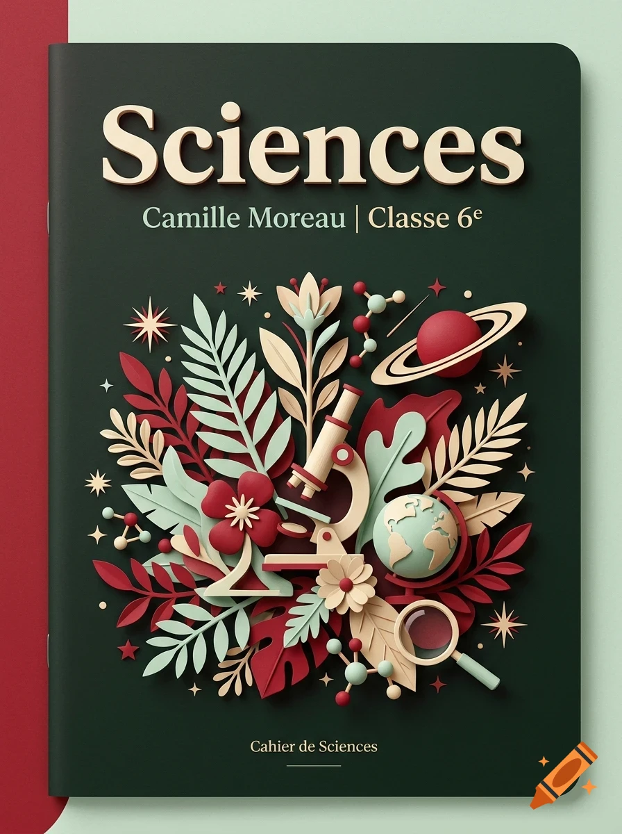 Cover of a science notebook titled Sciences, featuring layered papercraft illustrations of plants, a microscope, a globe, and molecules.