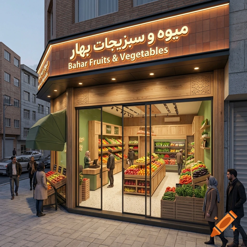 Photorealistic exterior and interior of Bahar Fruits & Vegetables shop with illuminated Persian and English signage on a city street.