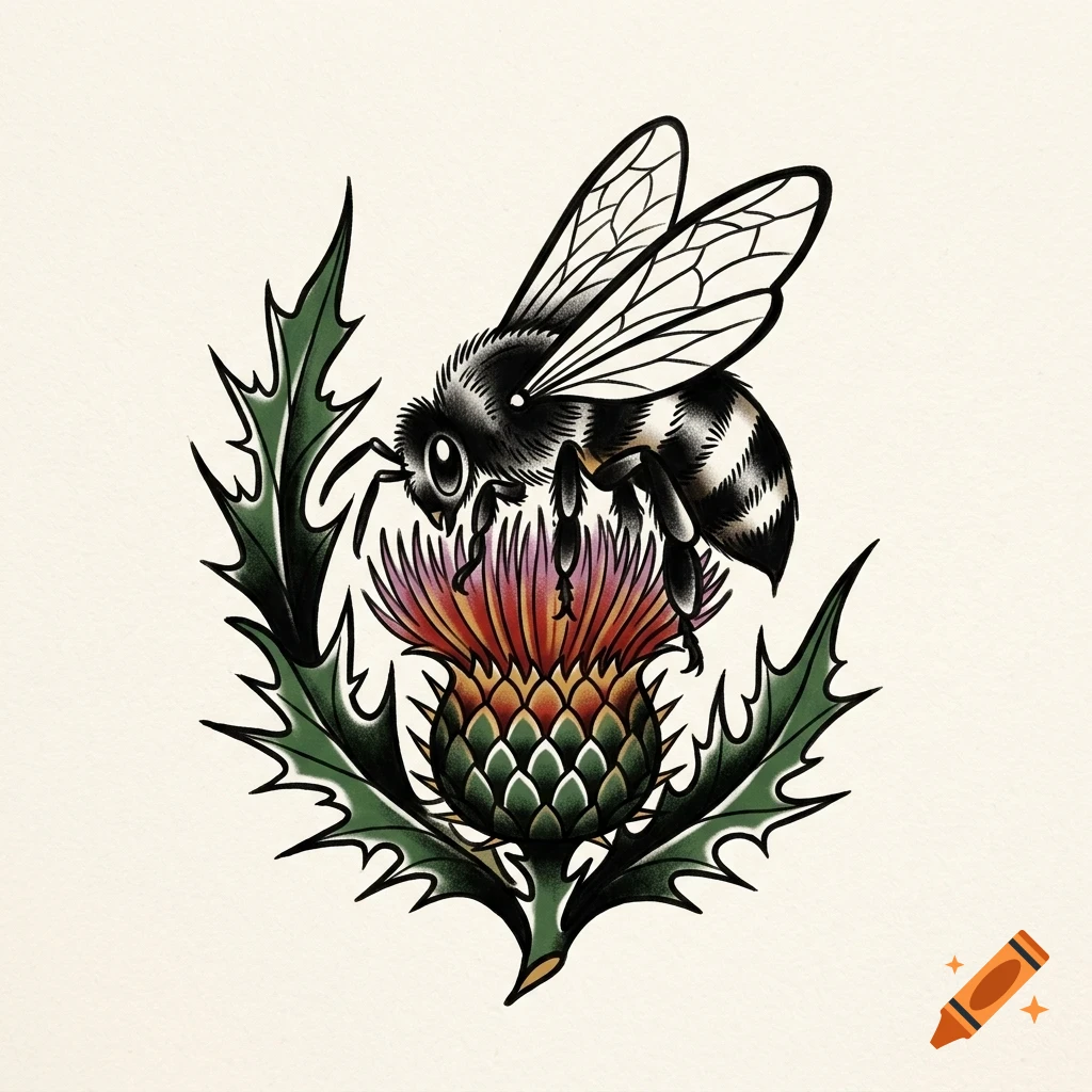 An illustrated tattoo-style design of a bee perched on a thistle flower.