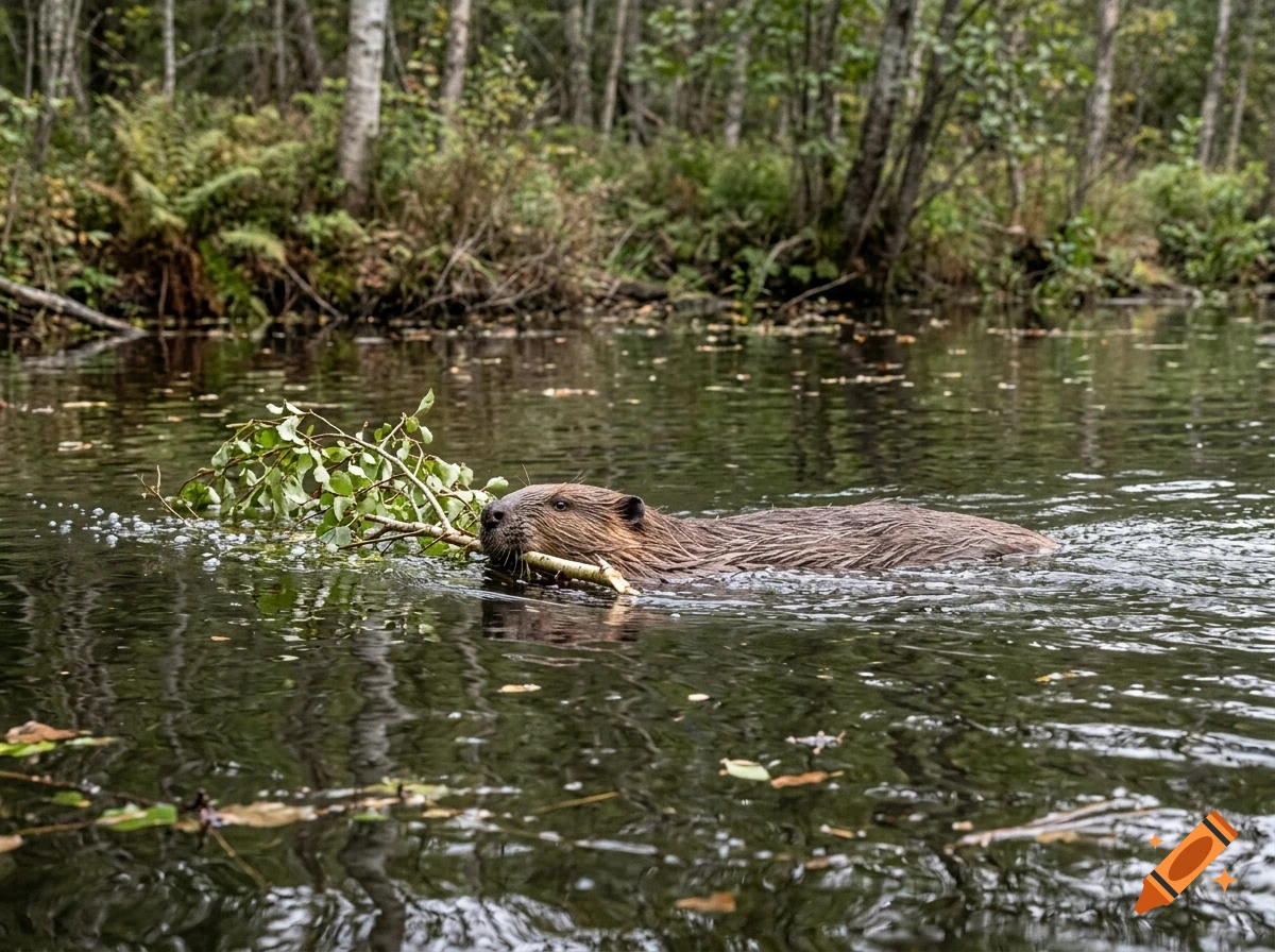 A beaver swims across a calm river carrying a leafy branch in its mouth.