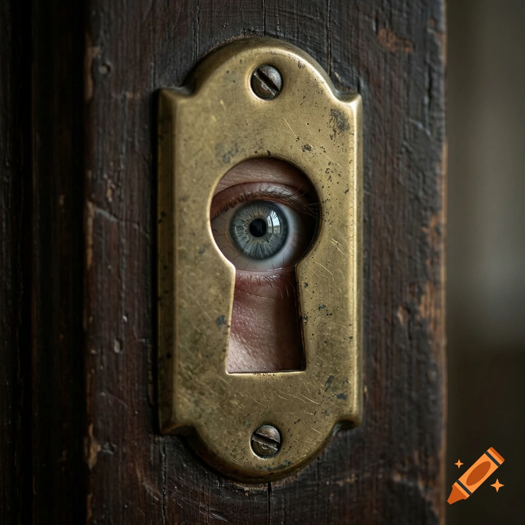 Close-up of a human eye looking through an old keyhole in a wooden door, photorealistic style.