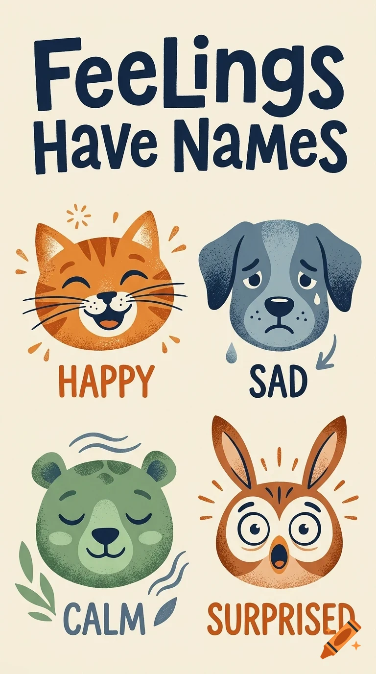 An educational poster with the title 'Feelings Have Names' showing four illustrated animal heads representing different emotions: a happy cat, a sad dog, a calm bear, and a surprised owl.