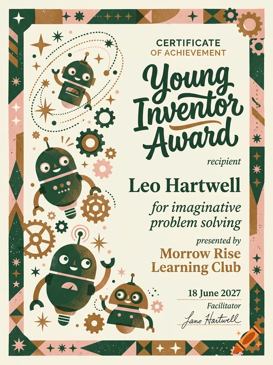 Certificate of achievement for the Young Inventor Award featuring cute robot illustrations, gears, and decorative geometric borders.
