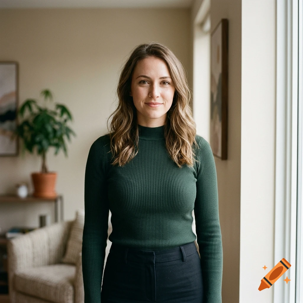 Photorealistic portrait of a woman with long wavy brown hair, wearing a dark green turtleneck and black trousers, standing indoors in a room with a plant and armchair in the background.