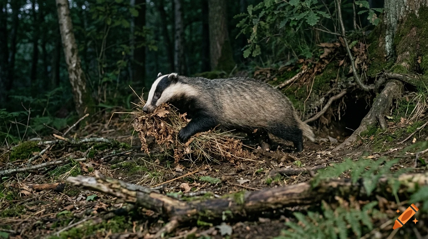 A badger carrying bedding material in a forest near its burrow.