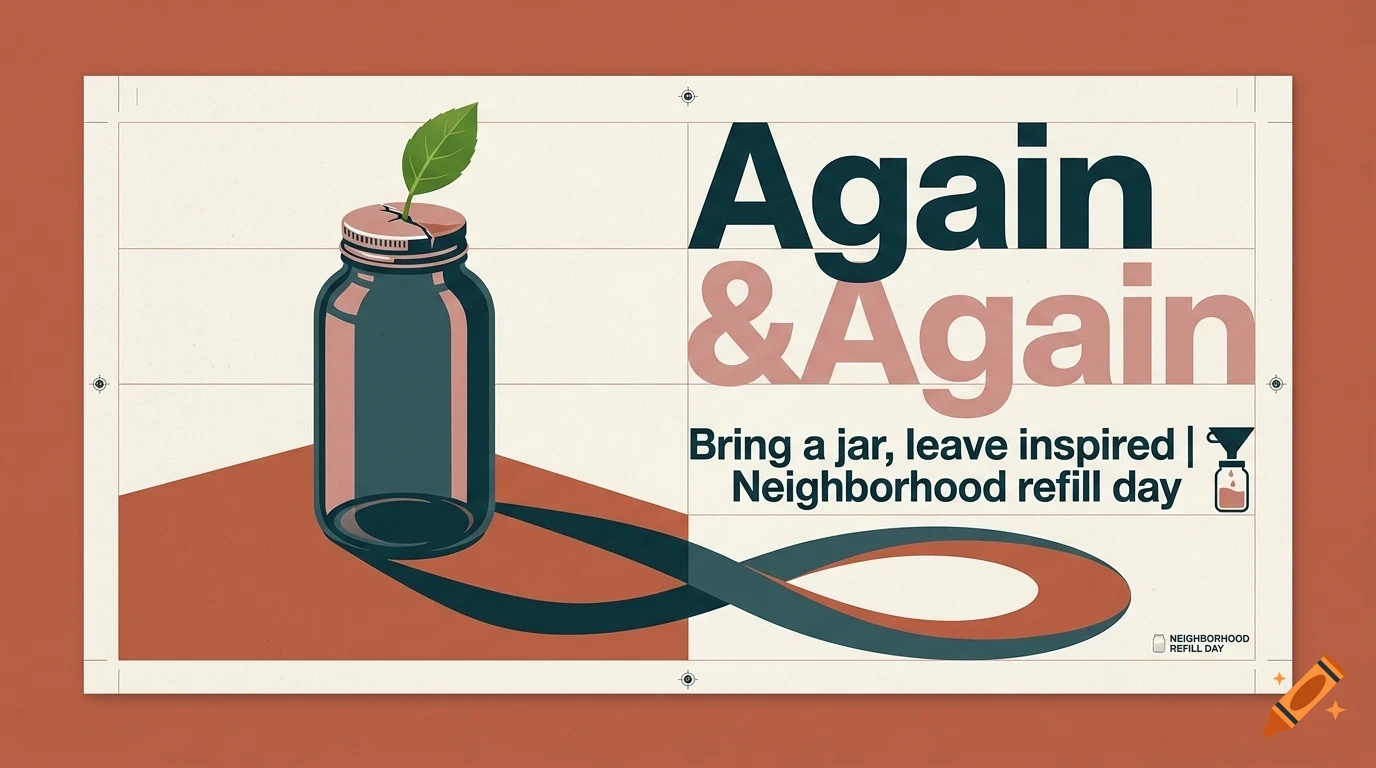 An illustrated poster with a jar sprouting a leaf and text reading Again & Again, Bring a jar, leave inspired | Neighborhood refill day.
