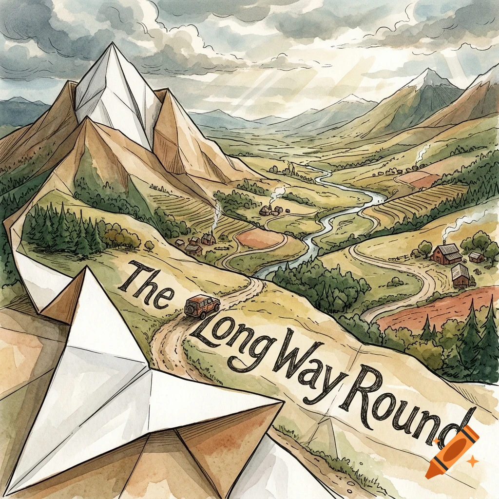 An illustrated watercolor landscape view from a folded paper structure, featuring mountains, a winding river, a road with a small vehicle, and lettering that reads The Long Way Round.