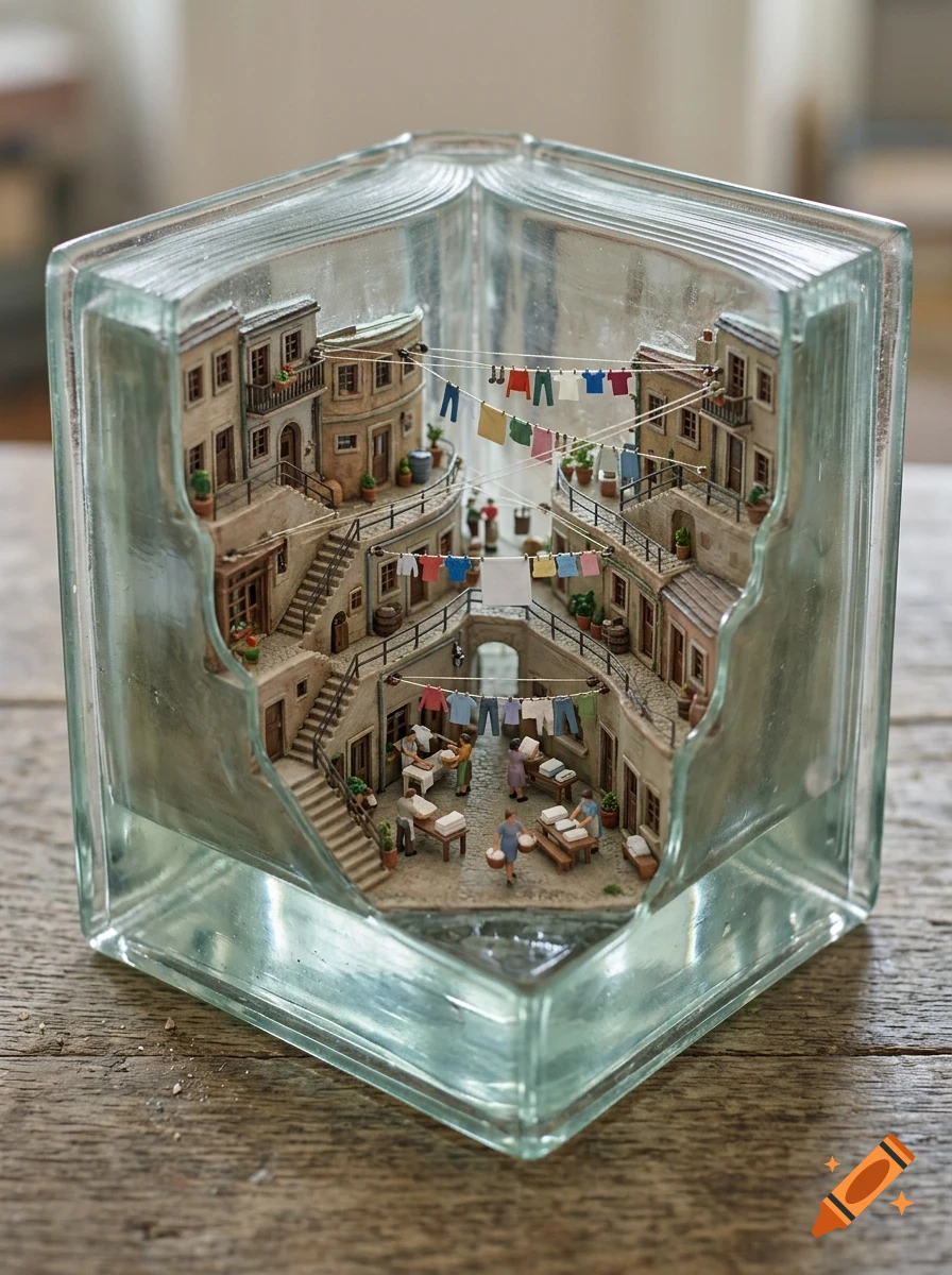 A miniature diorama of a Mediterranean-style village built inside a hollowed-out glass block, featuring tiny buildings, stairways, and laundry lines.