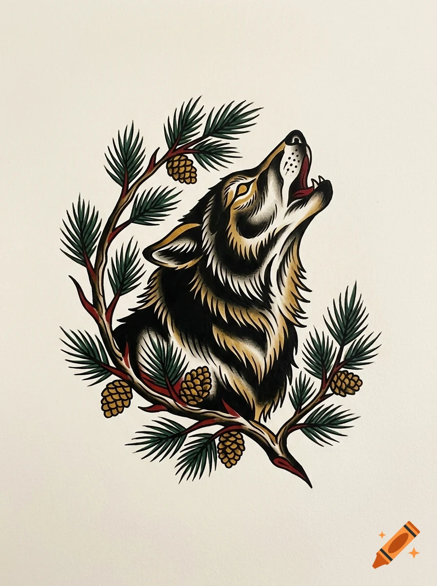 An illustrative drawing of a howling wolf framed by pine branches with cones.