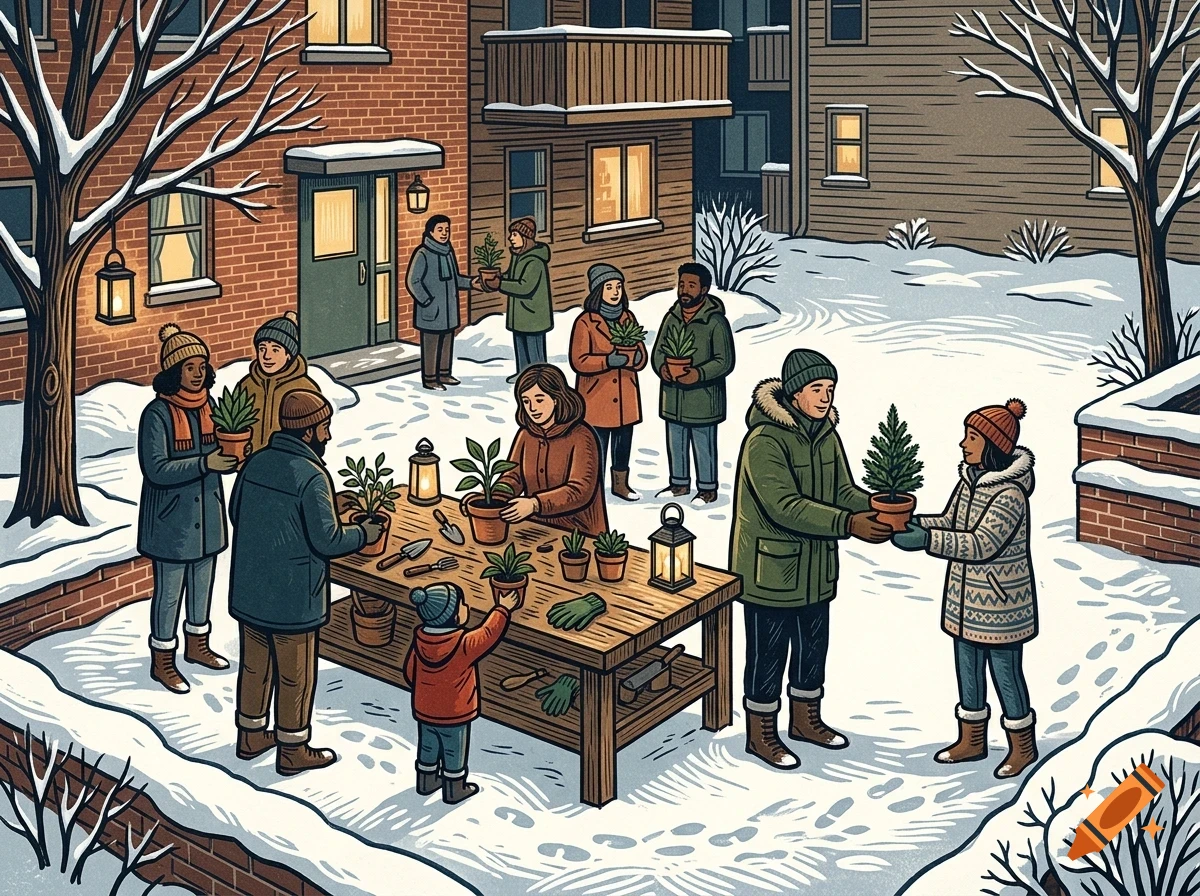 A group of people wearing winter clothing gather in a snowy courtyard around a wooden table, holding and planting small potted trees.
