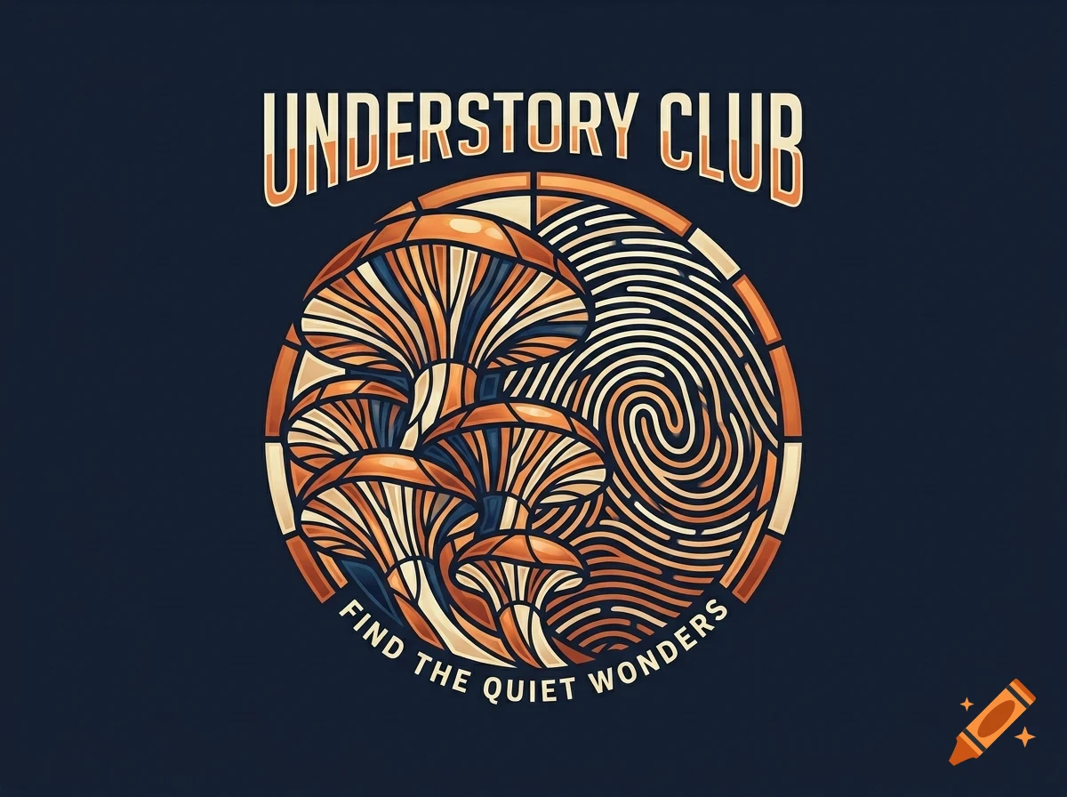 An illustrated vector emblem featuring mushrooms next to a fingerprint pattern inside a circle, with the text UNDERSTORY CLUB and FIND THE QUIET WONDERS.