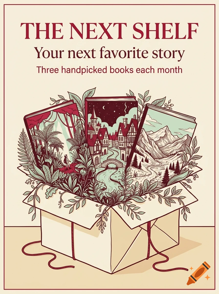 An illustration of an open box filled with three books depicting a jungle, a village, and mountains, surrounded by foliage, with text at the top.