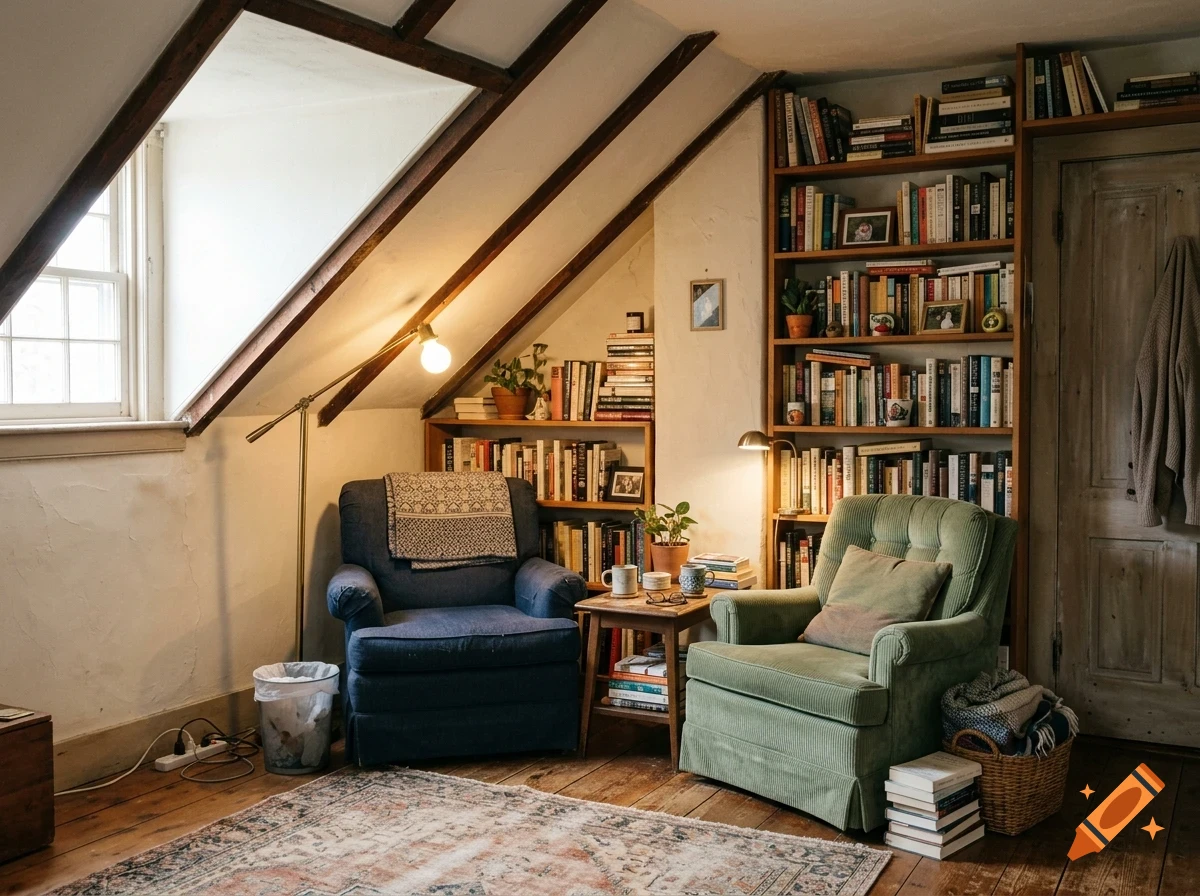 A cozy attic study room with two armchairs, filled bookshelves, wooden beams, and a sloped ceiling.