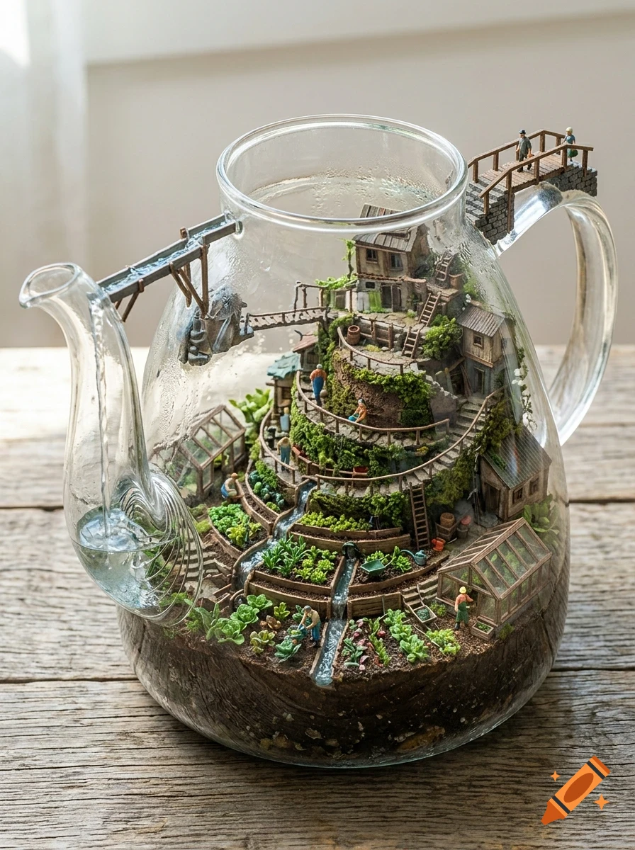 A miniature landscape with a village, houses, and gardens built inside a glass teapot on a wooden table.