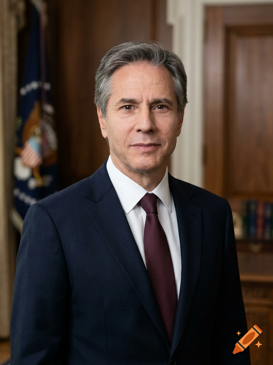 Portrait of a middle-aged man in a dark suit and red tie, standing in a room with a flag in the background.