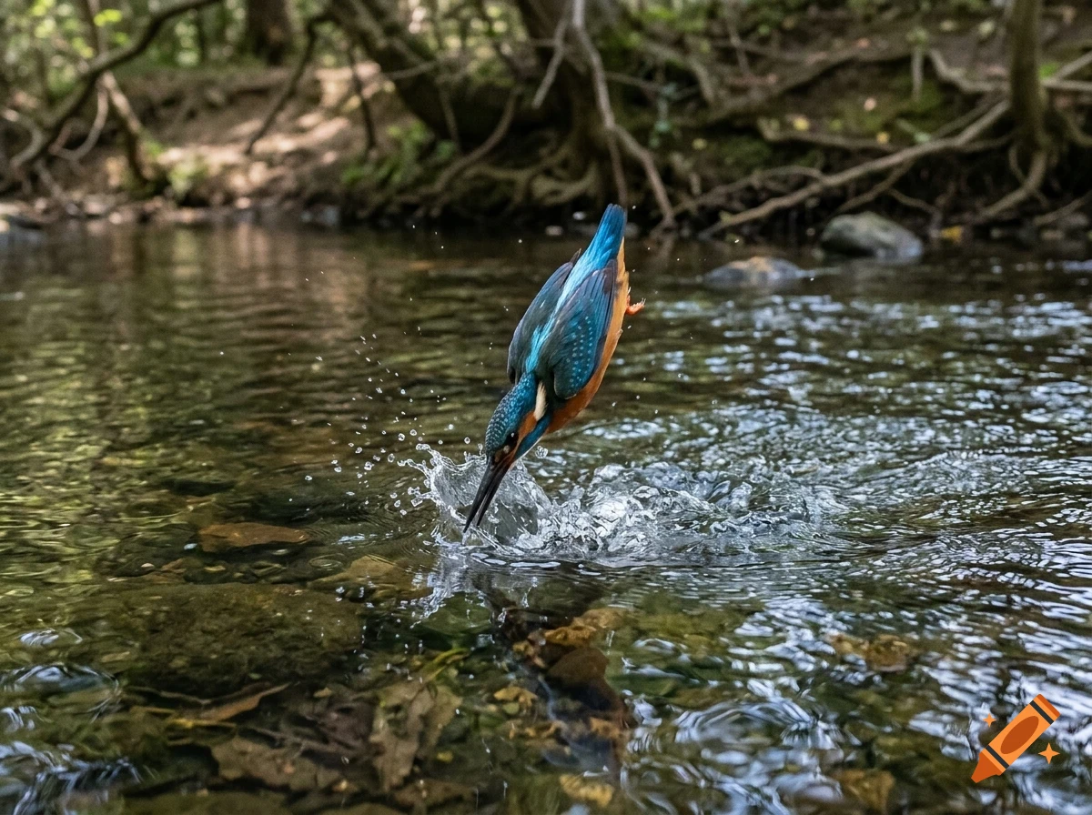 A kingfisher diving into a shallow river, creating a splash.
