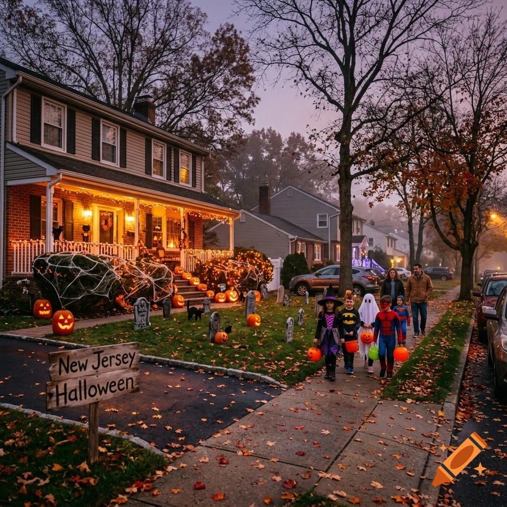 Photorealistic neighborhood street decorated for Halloween with carved pumpkins, jack-o'-lanterns, and trick-or-treaters at dusk.