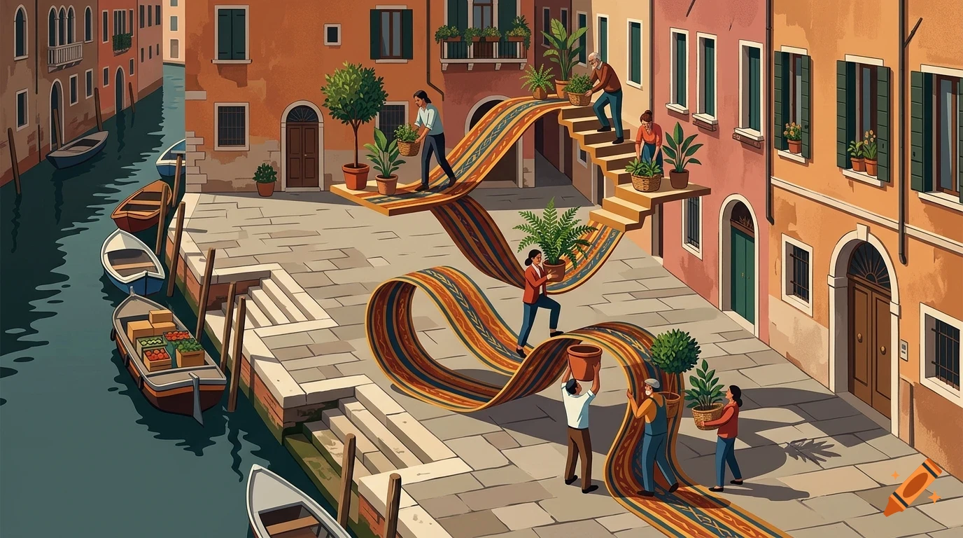 An illustrated aerial view of people carrying potted plants on winding ribbons along a canal in Venice, Italy.
