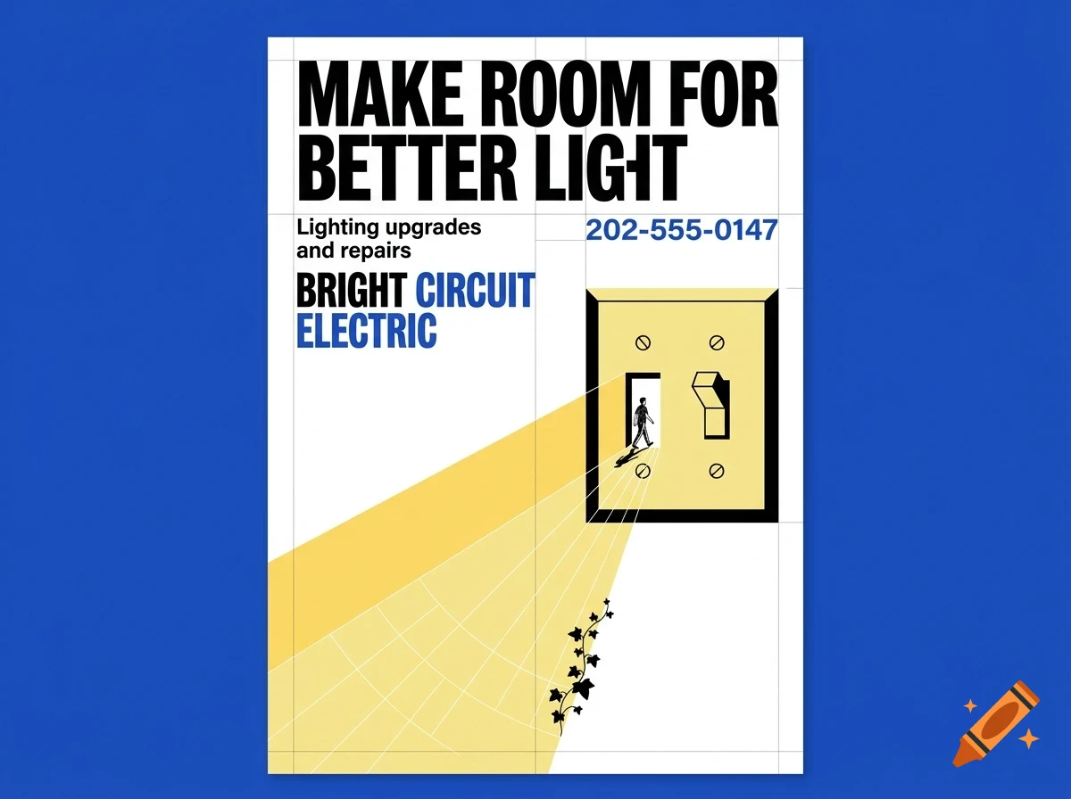 An advertising poster featuring text that reads MAKE ROOM FOR BETTER LIGHT and an illustration of a light switch emitting a beam of light with a small figure walking through the open switch plate.
