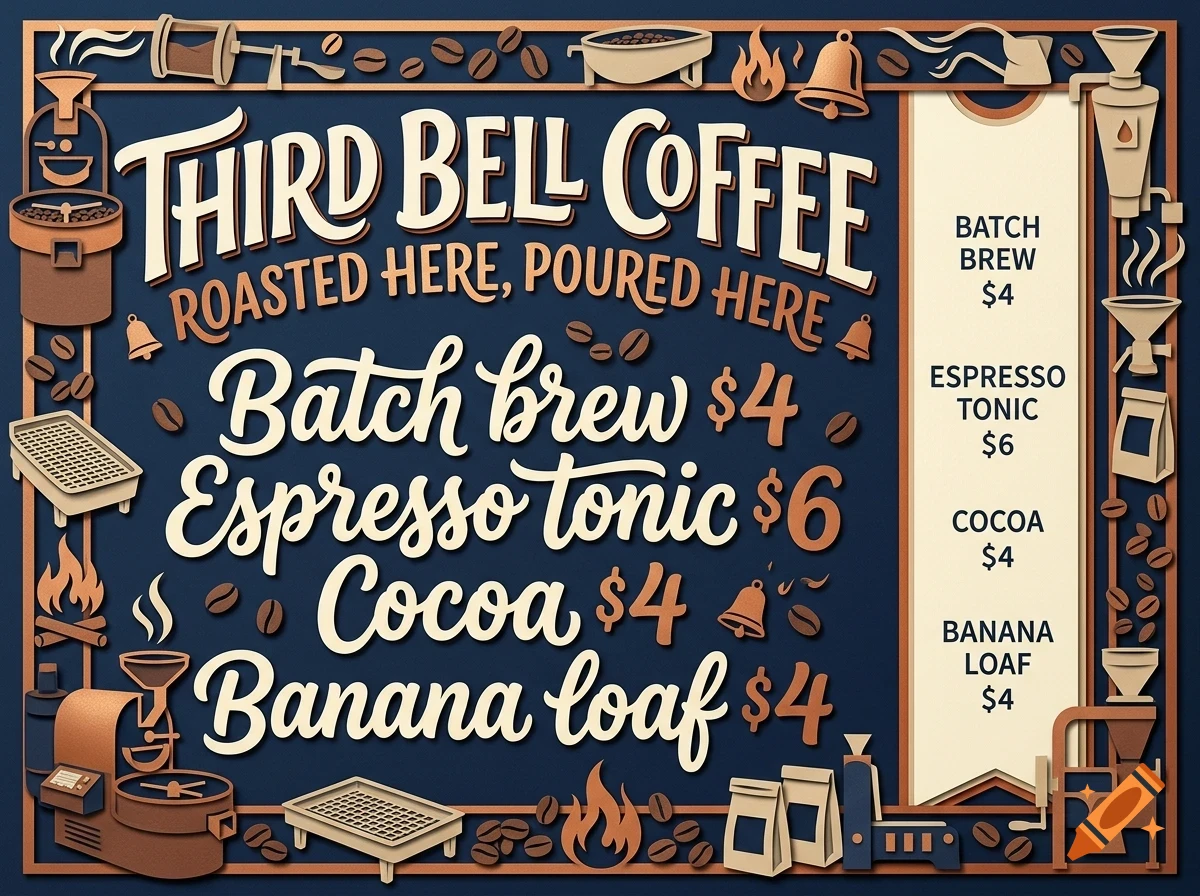 A stylized illustrated menu board for Third Bell Coffee with lettering and coffee-related icons.