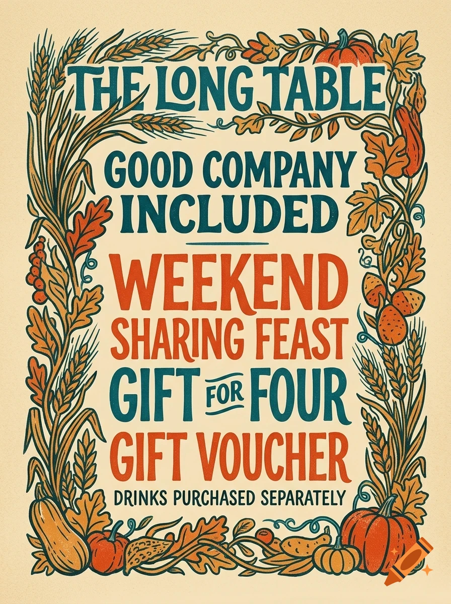 An illustrated poster with the text 'THE LONG TABLE GOOD COMPANY INCLUDED WEEKEND SHARING FEAST GIFT FOR FOUR GIFT VOUCHER DRINKS PURCHASED SEPARATELY', framed by autumn leaves, pumpkins, and wheat.