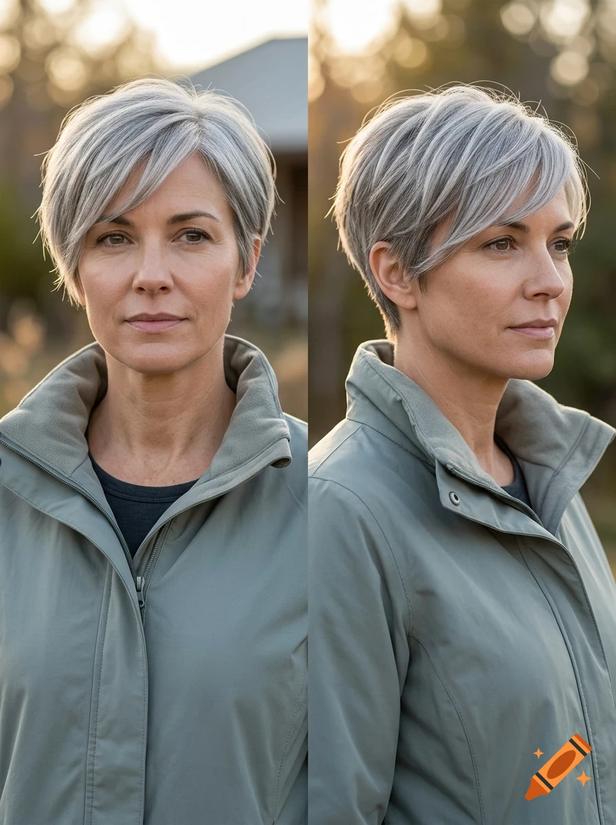 Portrait of a woman with short gray hair wearing a green jacket.