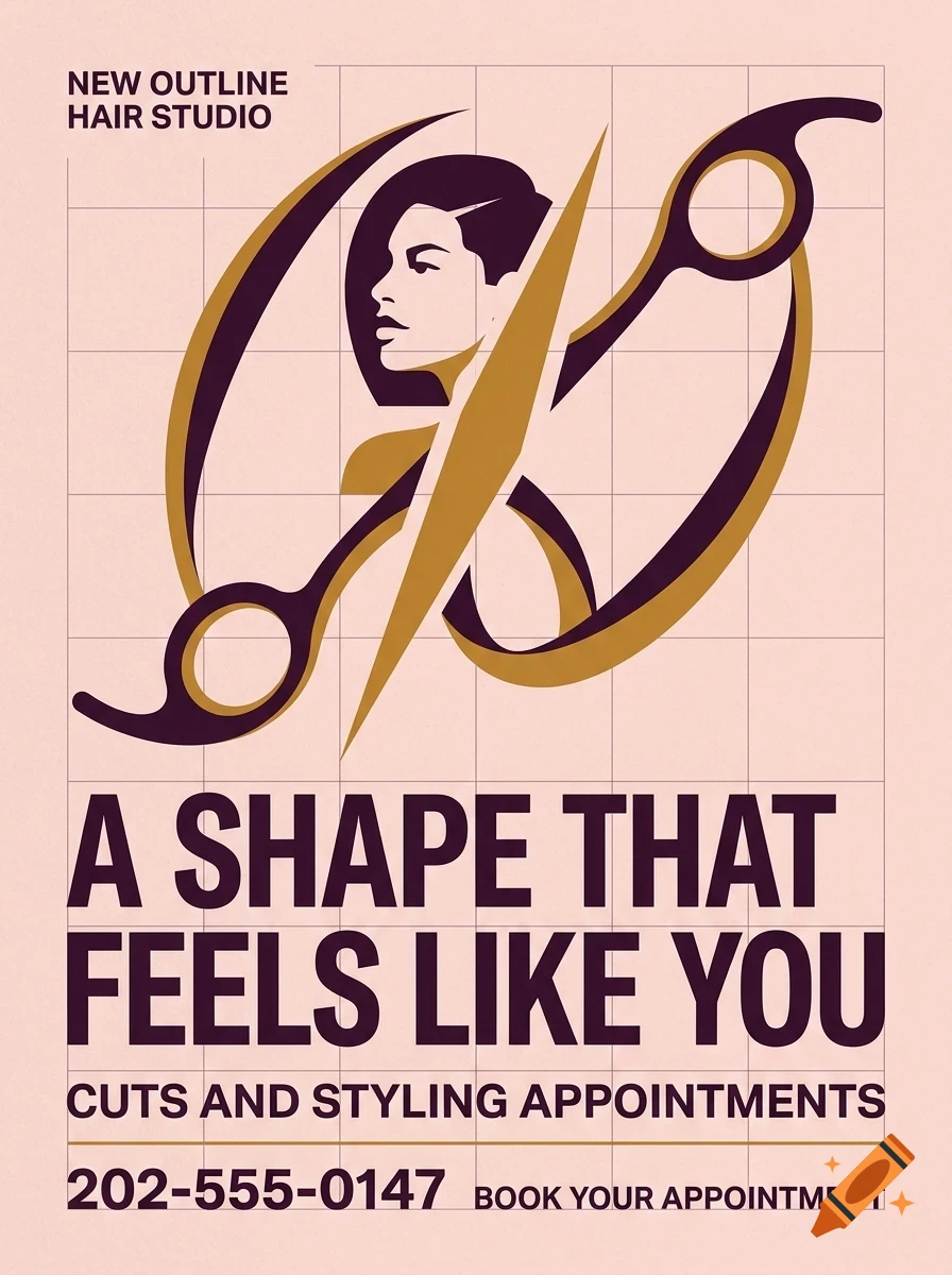A poster for New Outline Hair Studio featuring an illustration of a woman's profile and scissors, with the text A shape that feels like you.