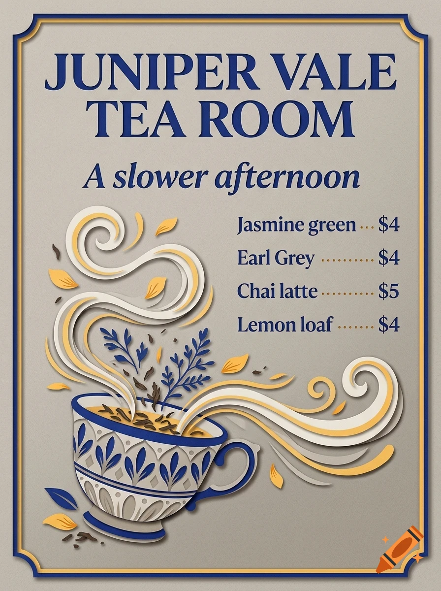 A menu sign for Juniper Vale Tea Room featuring a cup of tea with swirling steam, tea leaves, and text listing tea prices.