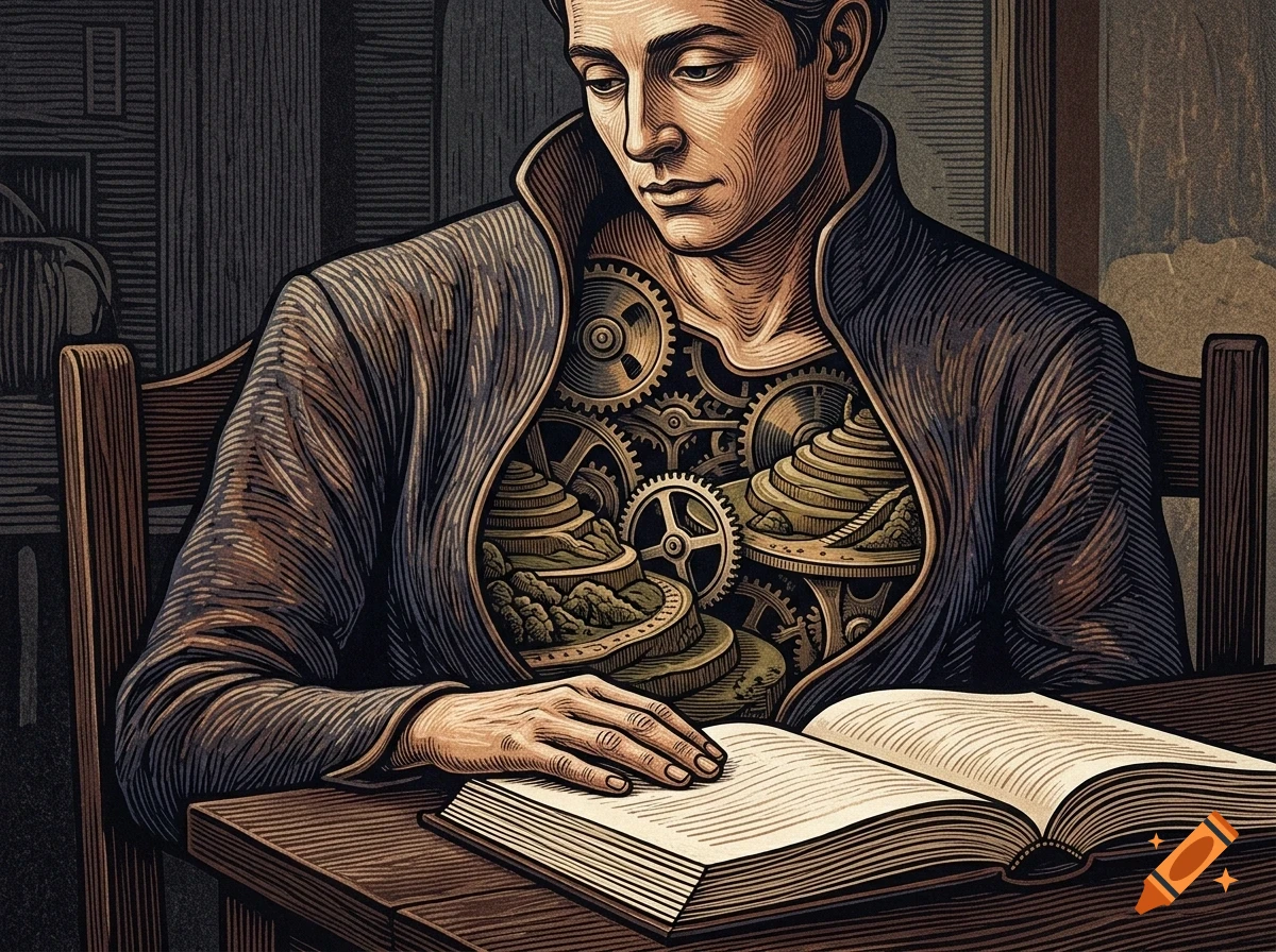 An engraved illustration of a person sitting at a desk reading a book, with gears and mechanical landscapes visible inside their open chest.