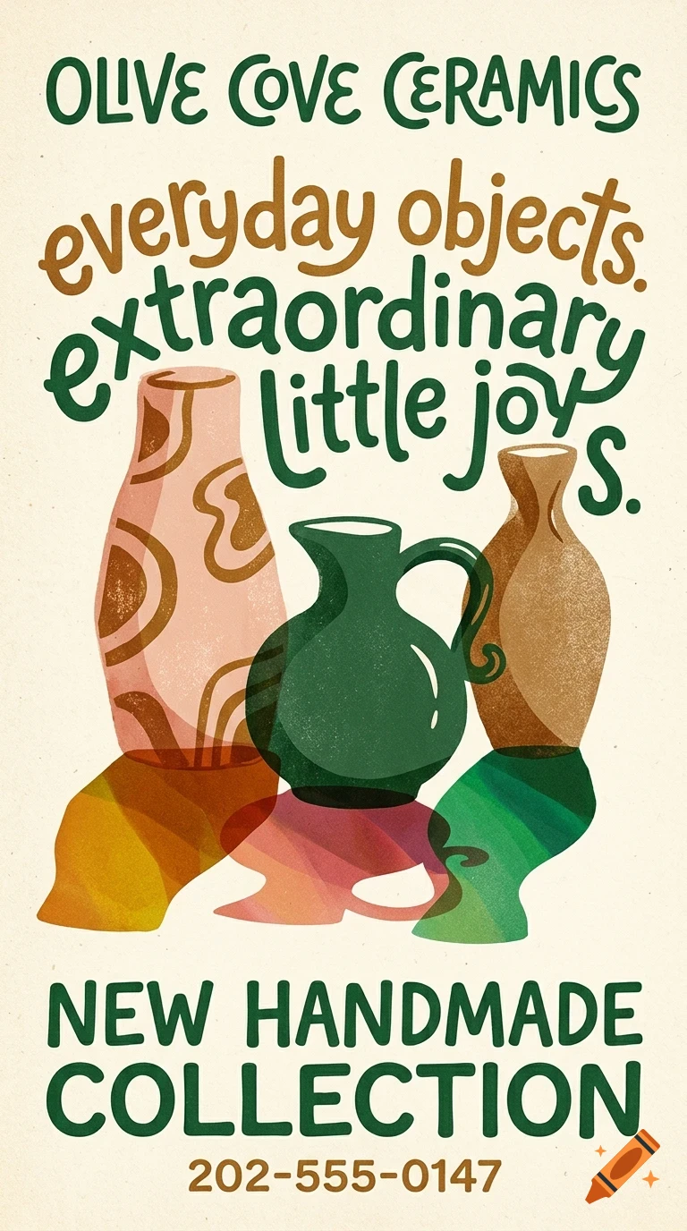 An illustrated poster for Olive Cove Ceramics featuring three ceramic vases and bowls with text reading everyday objects, extraordinary little joys.