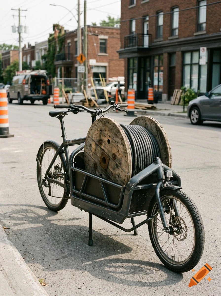 Photorealistic image of a cargo bicycle parked on a city street, carrying a large wooden cable reel.