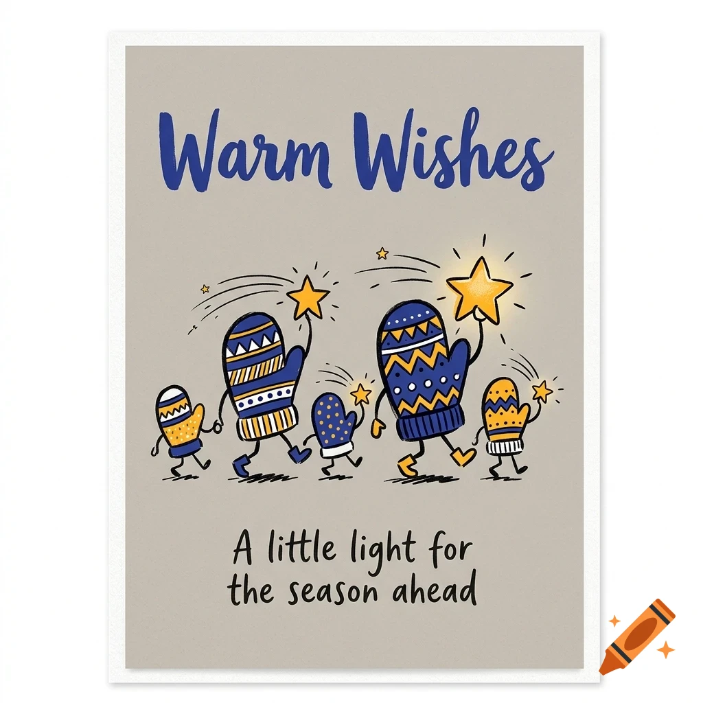 An illustrated greeting card featuring anthropomorphic mittens holding glowing stars, with the text Warm Wishes and A little light for the season ahead.