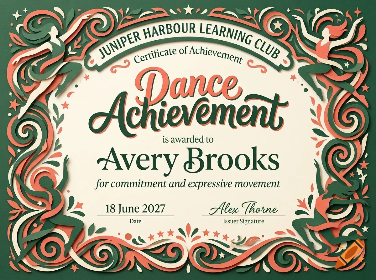 Certificate of Achievement for Dance Achievement awarded to Avery Brooks, featuring layered papercraft style borders with dancing figures.