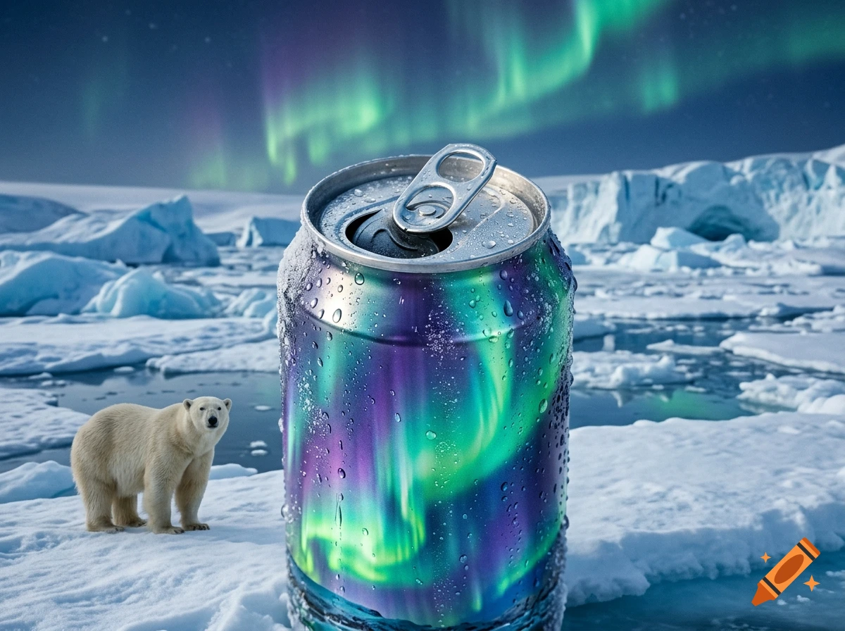 Photorealistic image of a soda can with aurora borealis design on an arctic ice landscape with a polar bear.