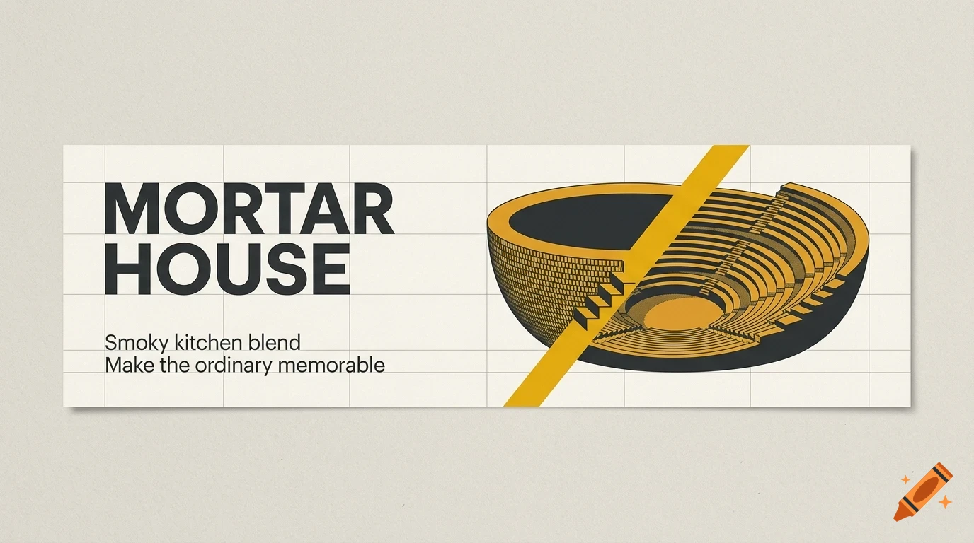 A graphic design banner featuring the text 'MORTAR HOUSE' and 'Smoky kitchen blend', alongside a cutaway illustration of a bowl.