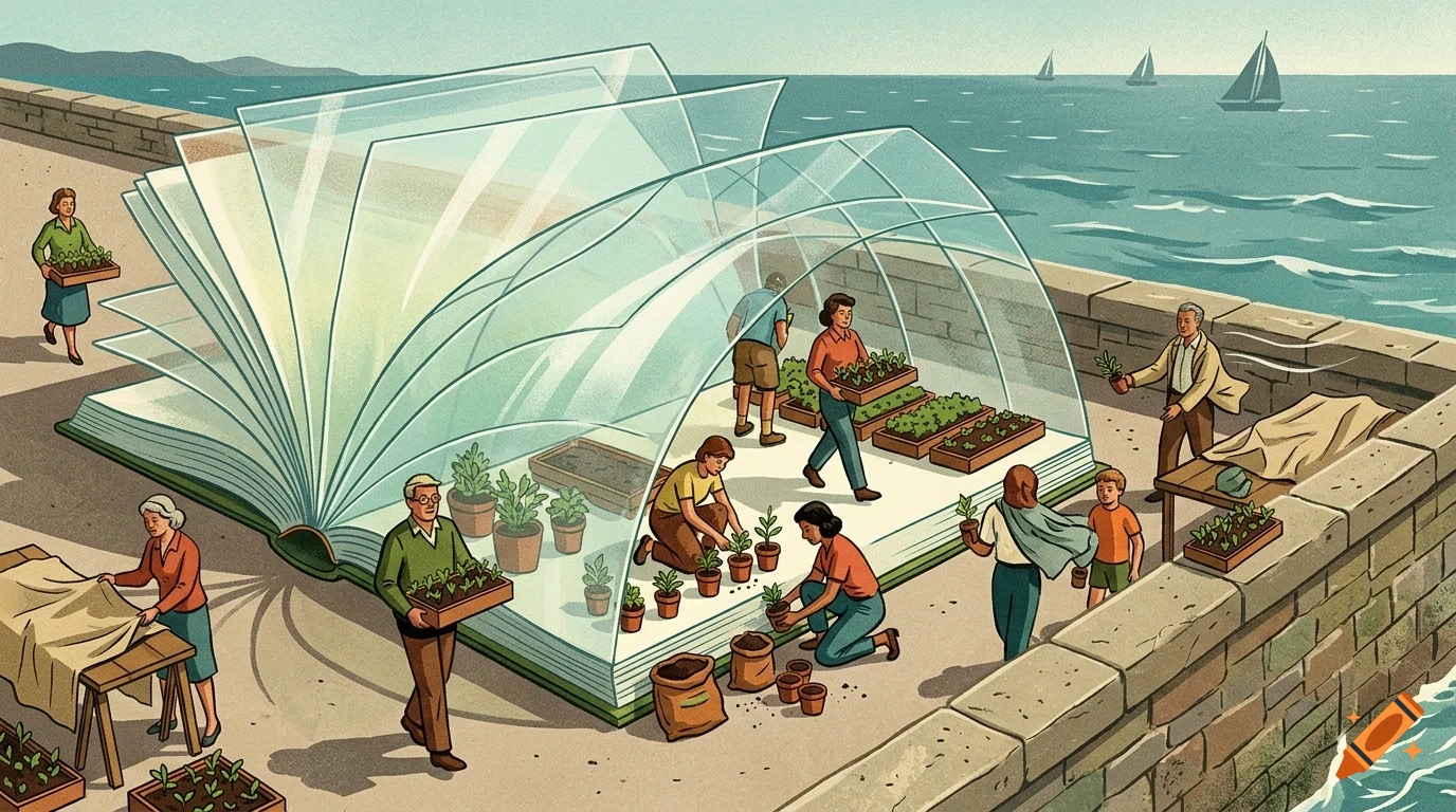 An illustration of people gardening inside and around a giant open book shaped like a greenhouse next to the sea with sailboats in the background.