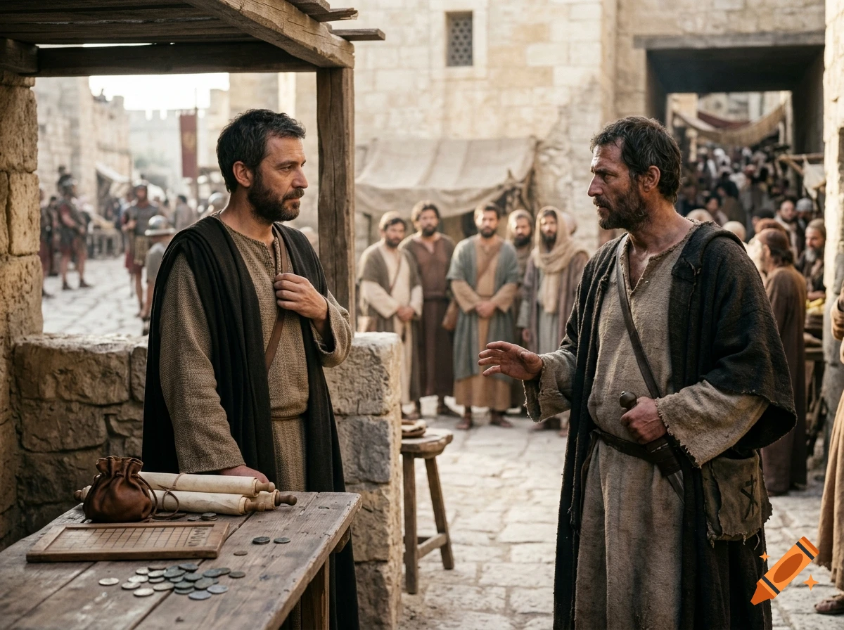 Cinematic photorealistic depiction of two men in historical middle eastern attire conversing in a marketplace.