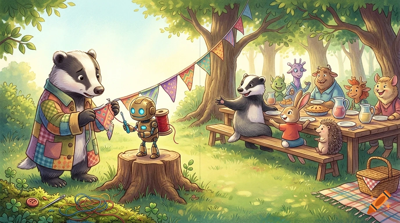An anthropomorphic badger sews a banner with a small robot on a tree stump in a forest, while other animals gather for a picnic at a wooden table nearby.